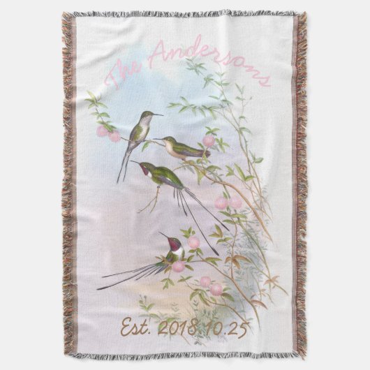 ヴィンテージハミングバードフローラカスタムウェディングギフト スローブランケット (正面縦)