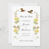 ヴィンテージハミング鳥のフローラ日付を保存 案内状 (正面)