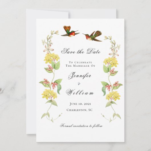 ヴィンテージハミング鳥のフローラ日付を保存 案内状 (正面)