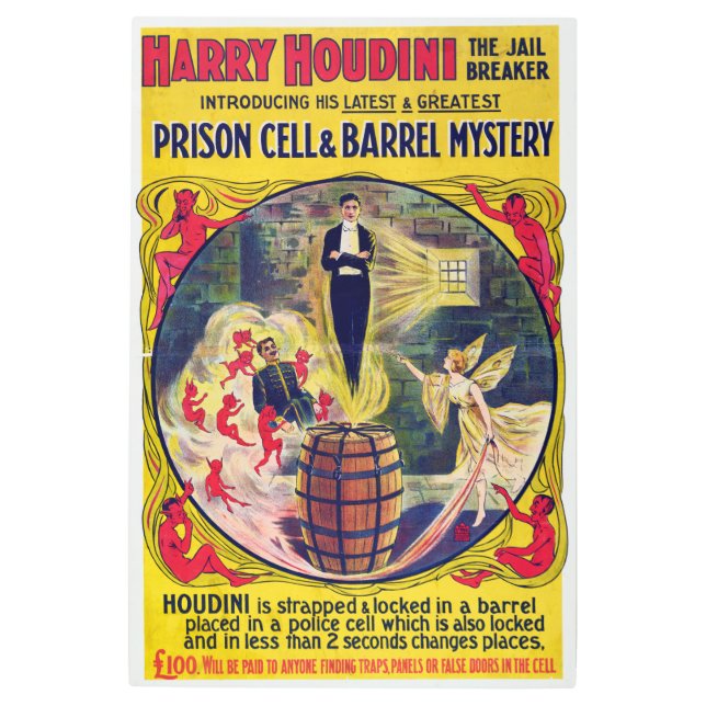 ヴィンテージハリーホーディニ刑務所セル&バレル謎 メタルプリント (正面)