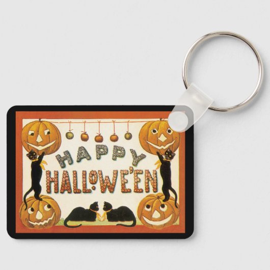ヴィンテージハロウィンと黒猫とジャックランタン キーホルダー (正面)