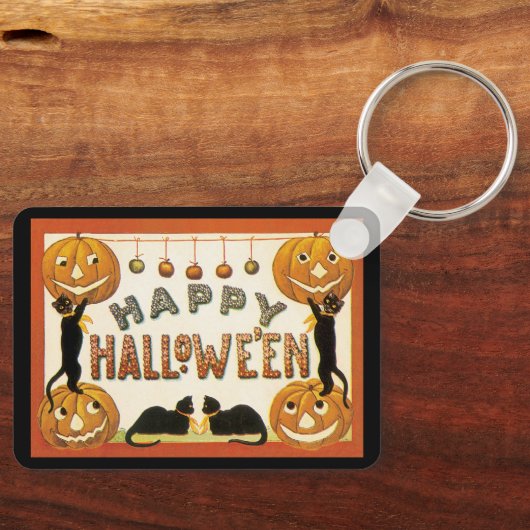 ヴィンテージハロウィンと黒猫とジャックランタン キーホルダー (正面)