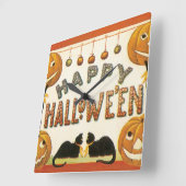 ヴィンテージハロウィンと黒猫とジャックランタン スクエア壁時計 (傾斜)