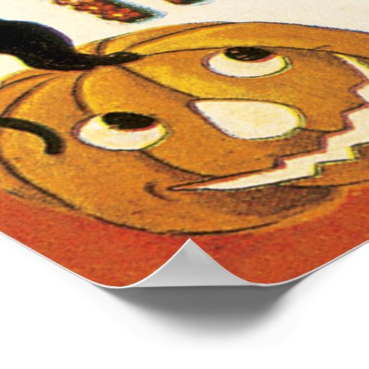 ヴィンテージハロウィンと黒猫とジャックランタン ポスター (角)