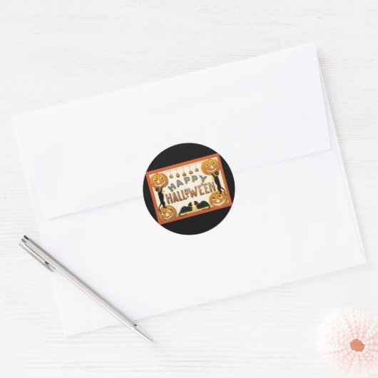 ヴィンテージハロウィンと黒猫とジャックランタン ラウンドシール (封筒)