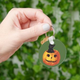 ヴィンテージハロウィンのかわいい黒猫カボチャ キーホルダー