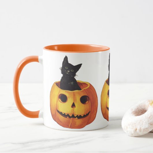 ヴィンテージハロウィンのかわいい黒猫カボチャ マグカップ (ドーナツ)