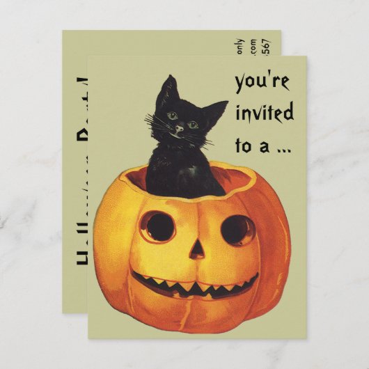 ヴィンテージハロウィンのかわいい黒猫カボチャ 招待状 (正面/裏面)