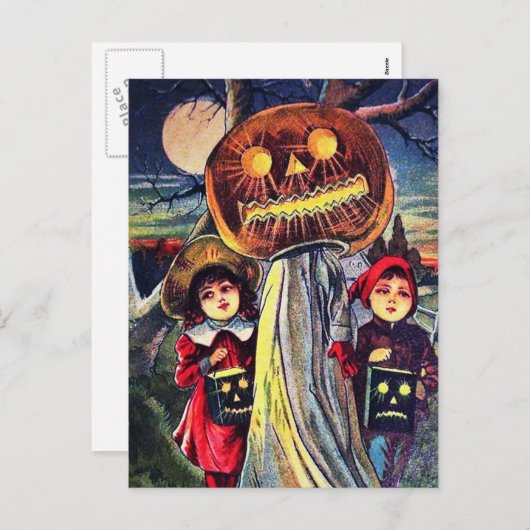 ヴィンテージハロウィンの子供とカボチャのはがき シーズンポストカード (正面/裏面)