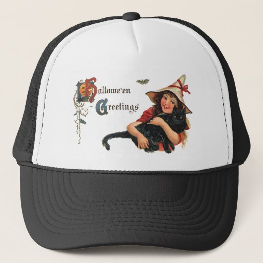ヴィンテージハロウィンの挨拶ウィッチ猫 キャップ (正面)