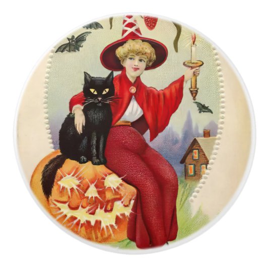 ヴィンテージハロウィンの魔女と黒猫 セラミックノブ (正面)