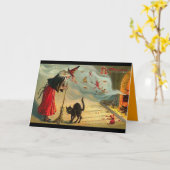 ヴィンテージハロウィンアート – 猫は魔女に出会う！ カード (黄色い花)