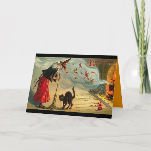 ヴィンテージハロウィンアート – 猫は魔女に出会う！ カード (正面)