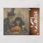 ヴィンテージハロウィンエリースケルトン彫刻カボチャ シーズンポストカード (正面)