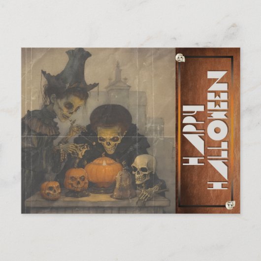 ヴィンテージハロウィンエリースケルトン彫刻カボチャ シーズンポストカード (正面)