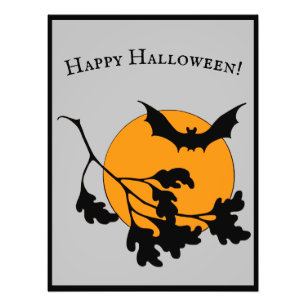 ヴィンテージハロウィンオレンジムーン飛んでいるこうもり フォトプリント