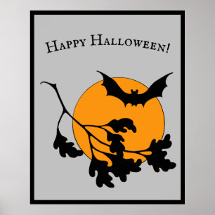 ヴィンテージハロウィンオレンジムーン飛んでいるこうもり ポスター