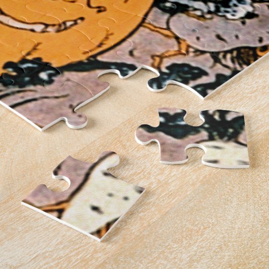 ヴィンテージハロウィンカボチャとブローム付き魔女 ジグソーパズル (側面)