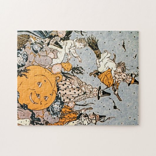 ヴィンテージハロウィンカボチャとブローム付き魔女 ジグソーパズル (横)