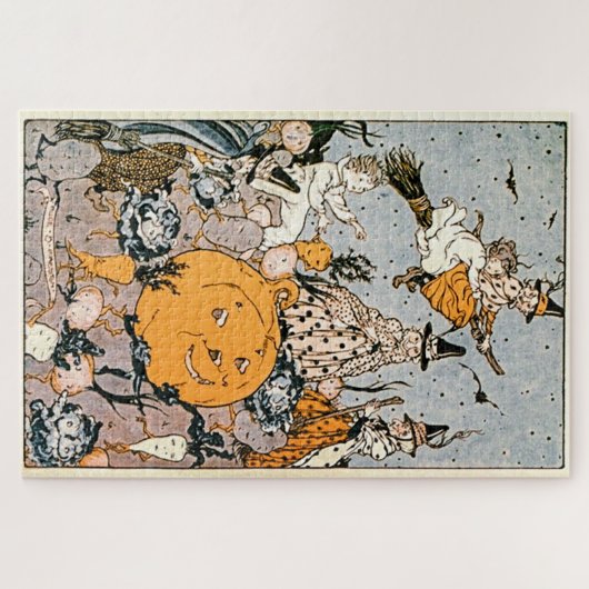 ヴィンテージハロウィンカボチャとブローム付き魔女 ジグソーパズル (横)