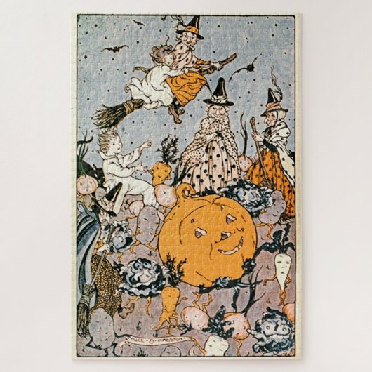 ヴィンテージハロウィンカボチャとブローム付き魔女 ジグソーパズル (縦)