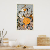 ヴィンテージハロウィンカボチャとブローム付き魔女 ポスター (キッチン)