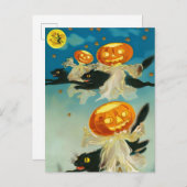 ヴィンテージハロウィンカボチャ幽霊と黒猫 インビテーションポストカード (正面/裏面)