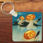 ヴィンテージハロウィンカボチャ幽霊と黒猫 キーホルダー (正面)