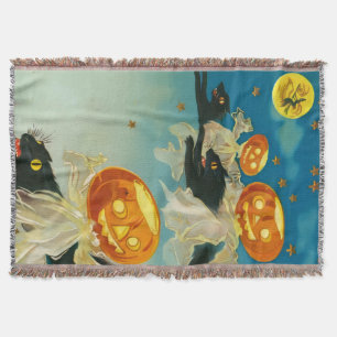 ヴィンテージハロウィンカボチャ幽霊と黒猫 スローブランケット