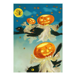 ヴィンテージハロウィンカボチャ幽霊と黒猫 フォトプリント