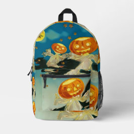 ヴィンテージハロウィンカボチャ幽霊と黒猫 プリントバックパック