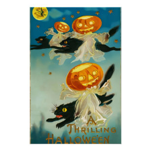 ヴィンテージハロウィンカボチャ幽霊と黒猫 ポスター