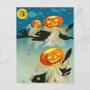 ヴィンテージハロウィンカボチャ幽霊と黒猫 ポストカード