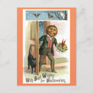 ヴィンテージハロウィンカボチャ頭マンブラックキャット ポストカード