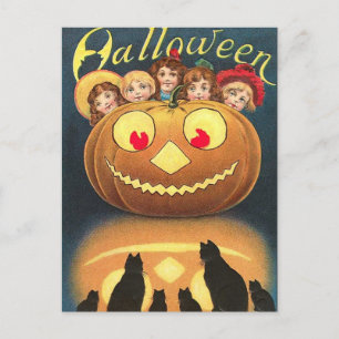 ヴィンテージハロウィンカボチャ、子どもと黒猫 ポストカード