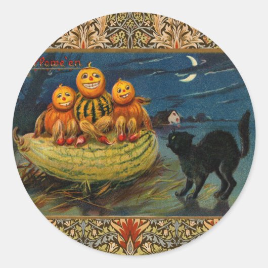 ヴィンテージハロウィンカボンプキンズブラックキャット ラウンドシール (正面)