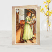 ヴィンテージハロウィンカードエレガント、鏡付き女性 カード (黄色い花)