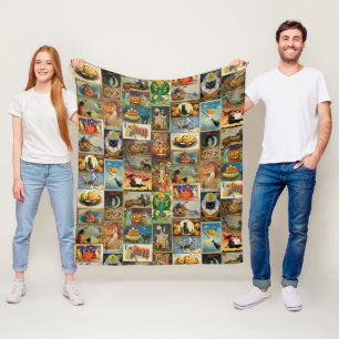 ヴィンテージハロウィンカードコラージュフリースブランケット フリースブランケット