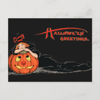 ヴィンテージハロウィンガールウィッチアンドパンプキン ポストカード