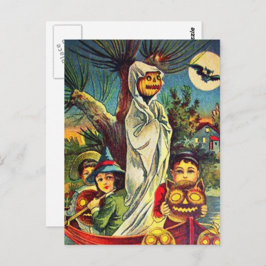 ヴィンテージハロウィンキッズかぼちゃこうもりはがき ポストカード (正面/裏面)