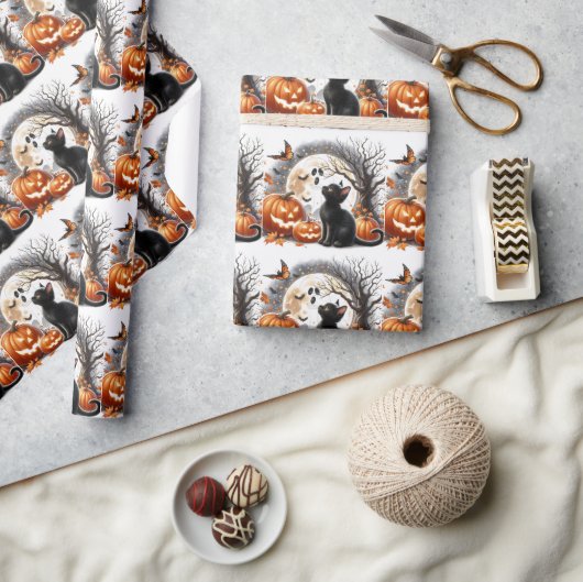 ヴィンテージハロウィンキャットとカボチャの包み紙 ラッピングペーパー (クラフト)