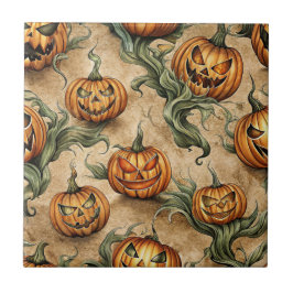 ヴィンテージハロウィンジャック – O – ランタンつる植物パターン タイル