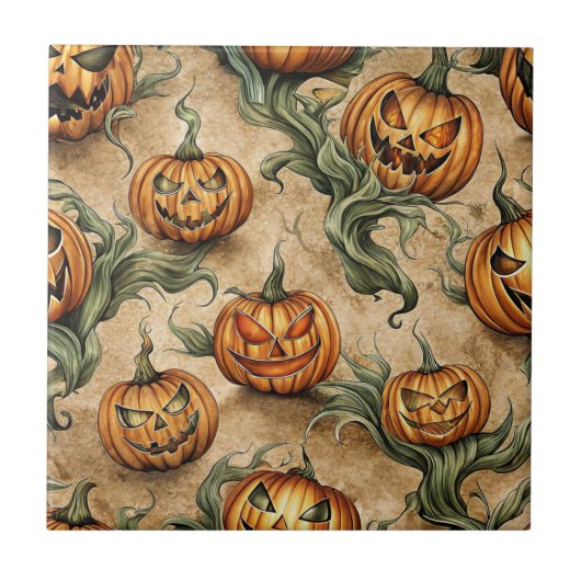 ヴィンテージハロウィンジャック – O – ランタンつる植物パターン タイル (正面)