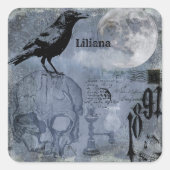 ヴィンテージハロウィンスカルとクロウカスタマイズン スクエアシール (正面)