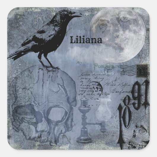 ヴィンテージハロウィンスカルとクロウカスタマイズン スクエアシール (正面)