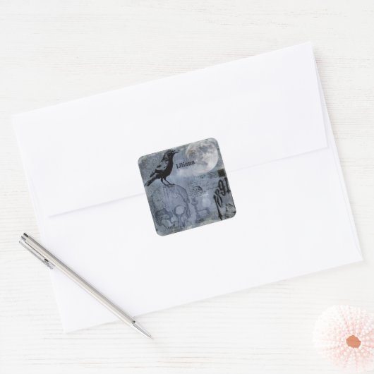 ヴィンテージハロウィンスカルとクロウカスタマイズン スクエアシール (封筒)