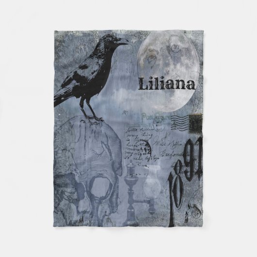 ヴィンテージハロウィンスカルとクロウカスタマイズン フリースブランケット (正面)