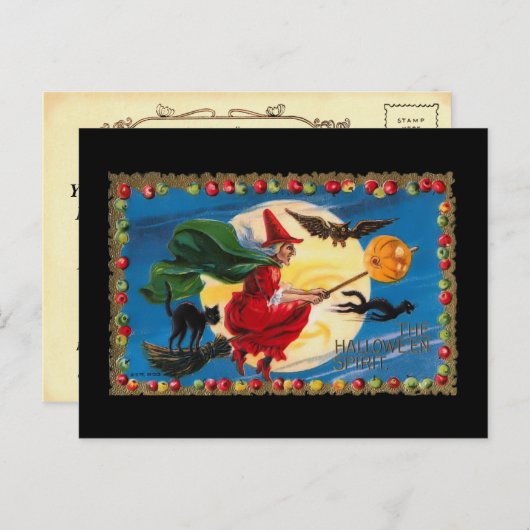 ヴィンテージハロウィンスピリットウィッチ招待状はがき インビテーションポストカード (正面/裏面)