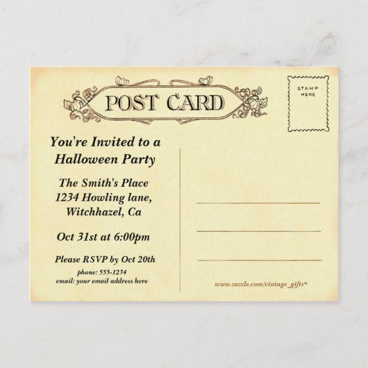 ヴィンテージハロウィンスピリットウィッチ招待状はがき インビテーションポストカード (裏面)