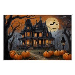 ヴィンテージハロウィンハウスアンドフルムーン ポスター